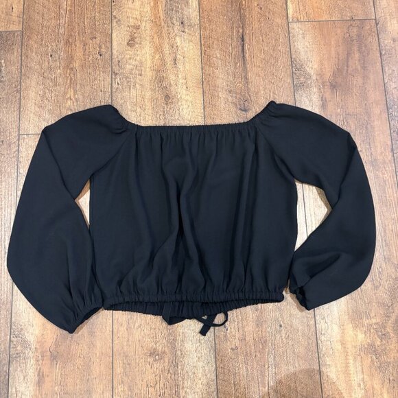 Aritzia Wilfred Eleanora Blouse Top Size XS Black Cropped Off Shoulder Tie Front - Picture 9 of 9